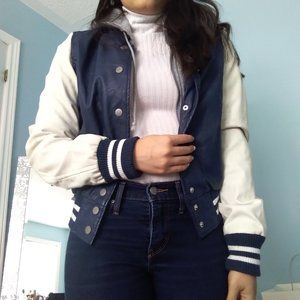 Medium Blue and White Varsity Button Down Sweater